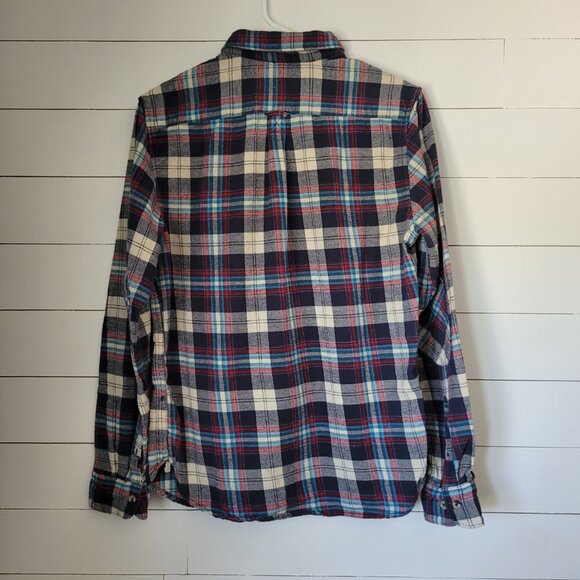 Denim & Flower Flannel Shirt Women's sz M Red White Blue Plaid Button Down Shirt - Picture 2 of 7